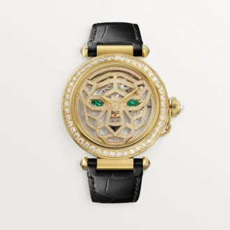 Další šperky Panthere Hodinky – 41 mm, ručně natahovaný mechanický strojek, 18karátové žluté zlato, diamanty, vyměnitelné kožené řemínky – Cartier