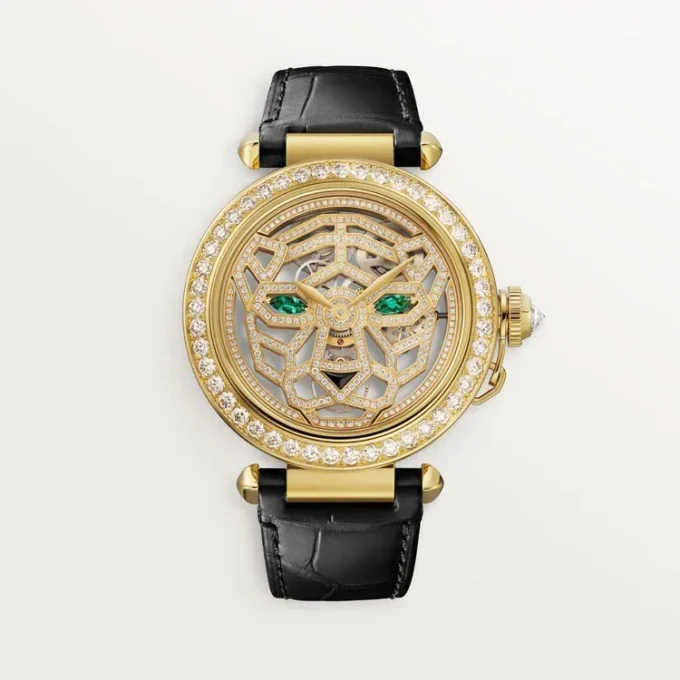 Další šperky Panthere Hodinky – 41 mm, ručně natahovaný mechanický strojek, 18karátové žluté zlato, diamanty, vyměnitelné kožené řemínky – Cartier