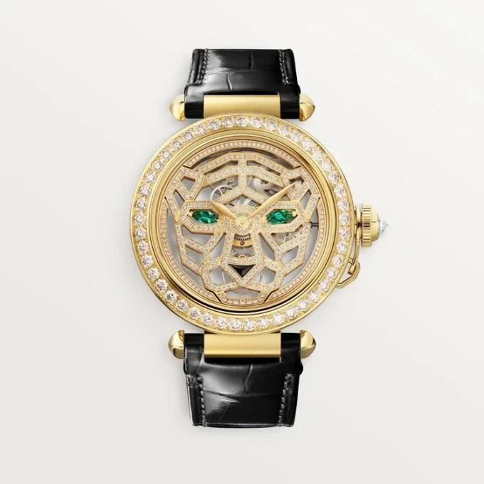 Další šperky Panthere Hodinky – 41 mm, ručně natahovaný mechanický strojek, 18karátové žluté zlato, diamanty, vyměnitelné kožené řemínky – Cartier