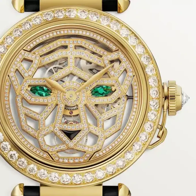 Další šperky Panthere Hodinky – 41 mm, ručně natahovaný mechanický strojek, 18karátové žluté zlato, diamanty, vyměnitelné kožené řemínky – Cartier