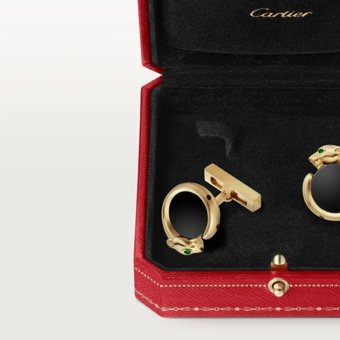 Manžetové knoflíčky Panthere De Cartier – žluté zlato, onyx, tsavority a černý lak – Cartier