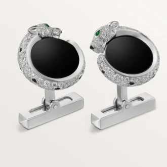Manžetové knoflíčky Panthere De Cartier – rhodiované bílé zlato, diamanty, smaragdy, onyx – Cartier