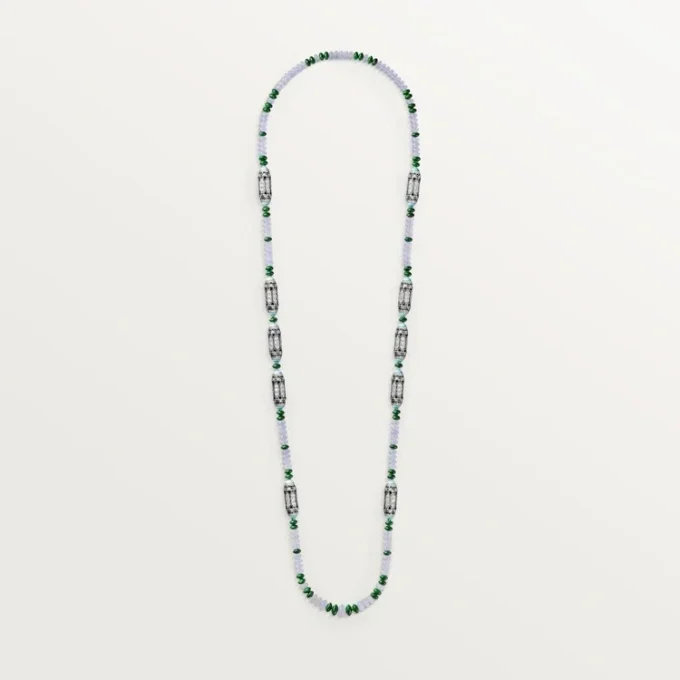 Šperkový náhrdelník – bílé zlato, chalcedon, skarn, tyrkys, černý lak, diamanty – Cartier