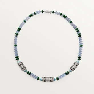 Šperkový náhrdelník – bílé zlato, chalcedon, skarn, tyrkys, černý lak, diamanty – Cartier