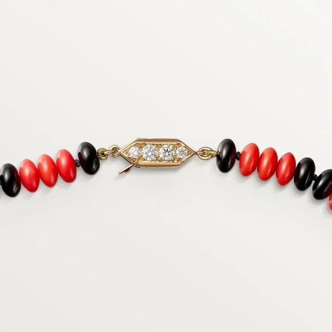 Šperkový náhrdelník – růžové zlato, korál, onyx, černý lak, diamanty – Cartier