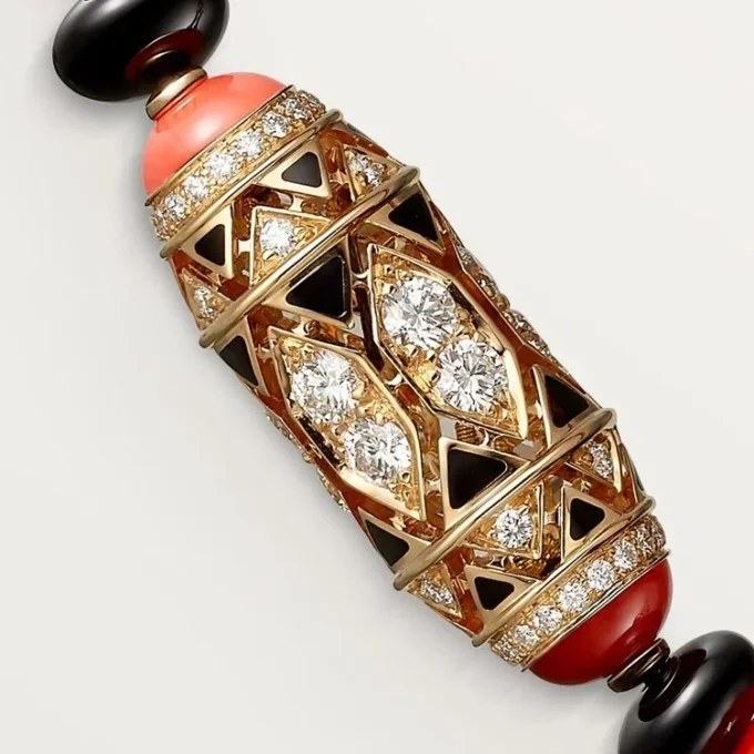 Šperkový náhrdelník – růžové zlato, korál, onyx, černý lak, diamanty – Cartier